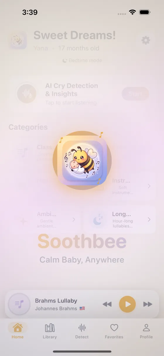 Soothbee Home screen with the listening button and mood categories