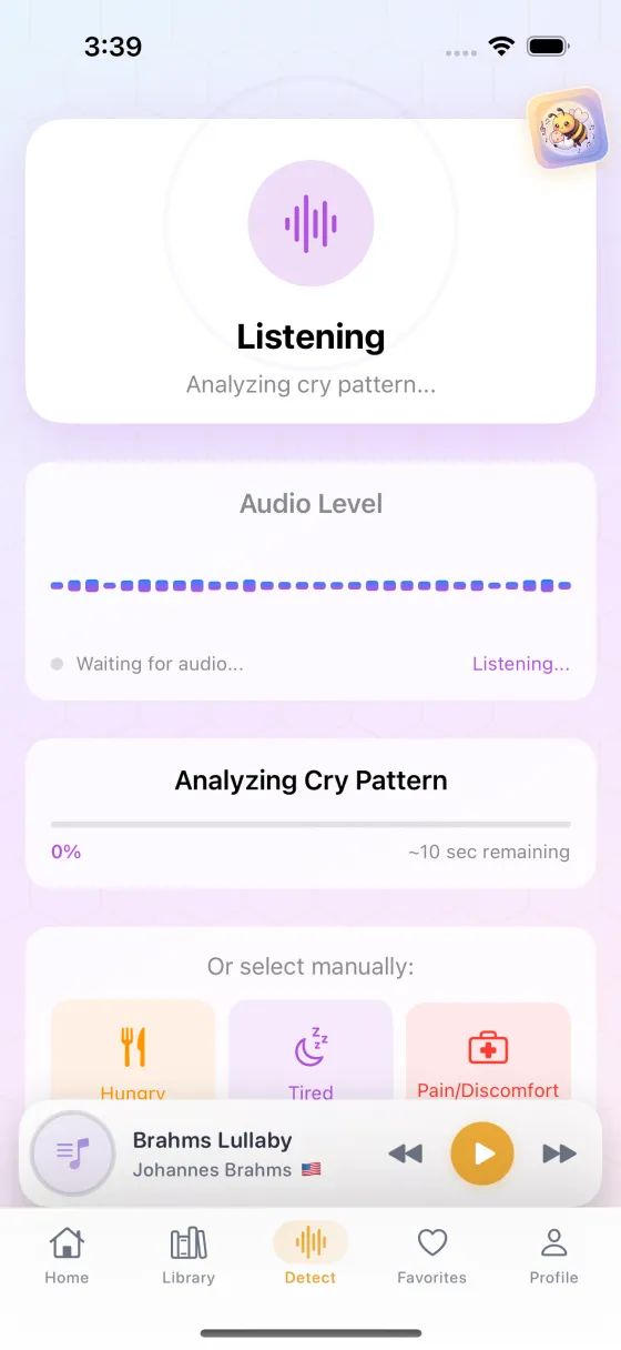 Soothbee showing the detected cry reason and a matched soothing suggestion
